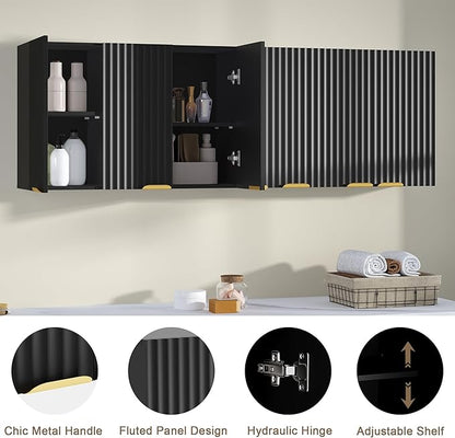 ChooChoo 3 Doors Wall Cabinet Laundry Room, Bathroom Wall Cabinet with Adjustable Shelf, Fluted Wall-Mounted Medicine Cabinet, Storage Cabinet for Kitchen, Garage, Black