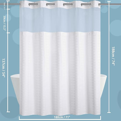 Conbo Mio No Hook Shower Curtain with Snap in Liner Set, Hotel Luxury White Fabric Shower Curtains for Bathroom with See Through Top Window, Washable, Waterproof 71W x 74H