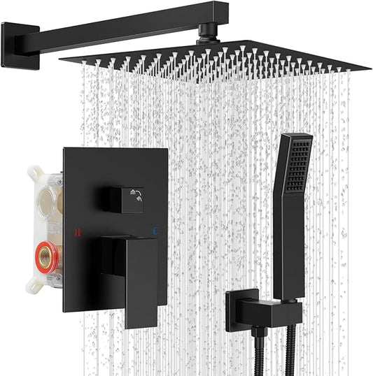 Shower Faucet set with Shower head, Wall Mount 10 Inch Square Rainfall Shower Head and Handle Set Single Handle Shower System Set with Female Threads Valve Body and Trim Included(Matte Black)