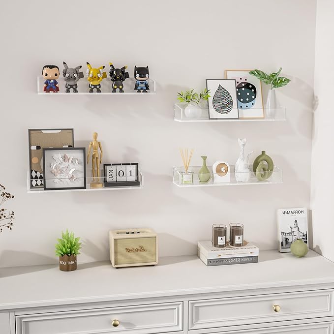 6PCS Acrylic Floating Shelves for Wall, 15" Clear Acrylic Shelves, Bathroom Shelf with Two Types of Installation, Space Saving Hanging Wall Shelf for Bathroom, Living Room, Bedroom, Kitchen