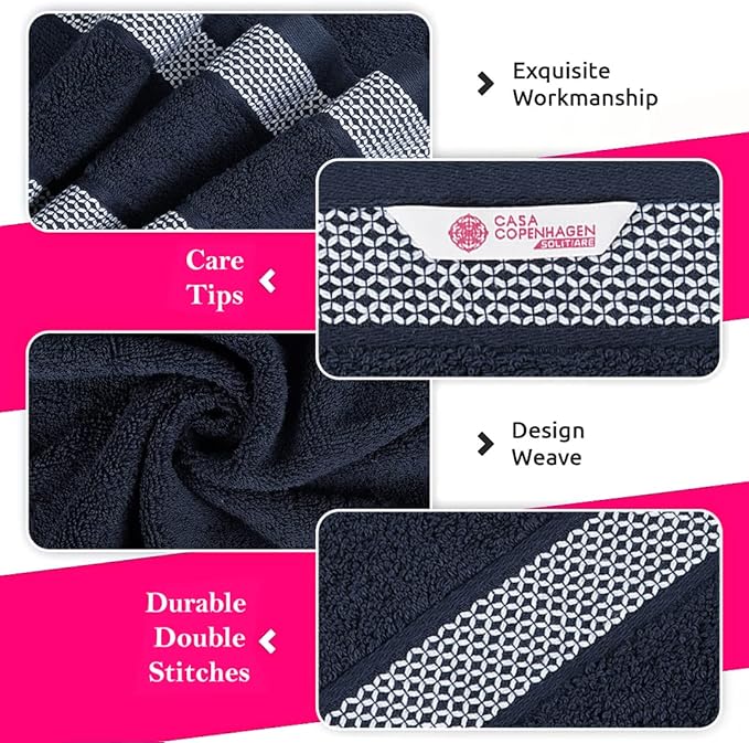 CASA COPENHAGEN Solitaire Mix 6 Pieces Towel Set- Navy + White, 600 GSM 2Bath Towel 2Hand Towel 2Washcloth, Designed in Denmark Made of Soft Egyptian Cotton for Bathroom, Kitchen & Shower