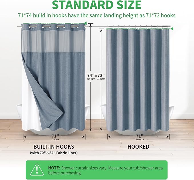 No Hooks Needed Linen Textured Shower Curtain with Snap-in Fabric Liner Set,Blue Grey Hotel Luxury Decor Shower Curtains for Bathroom with Mesh Top Window,Waterproof & Washable,71Wx74H