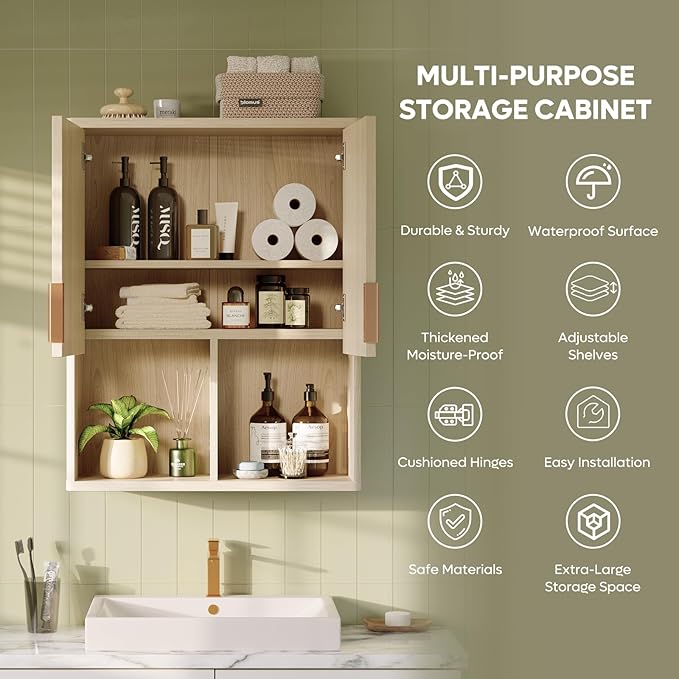 Bestier Fluted Bathroom Wall Cabinet Over The Toilet Storage, 23"x 29" Medicine Cabinet with Adjustable Shelf, Laundry Cabinet Wall Mounted and Kitchen Storage Cabinet(Natural Oak)