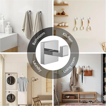 Kruodop 4 PCS Towel Hooks for Bathroom, Wall Mount Towel Holder, Black Matte Wall Robe Hook,Square Stainless Steel Door Hanger Towel Hook for Kitchen, Bedroom,Hotel,Pool,Coats（Silver）