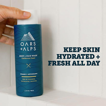 Oars + Alps Body and Face Wash for Men, Mens Body Wash & Face Cleanser with Vitamin E and Antioxidants, Moisturizing, Hydrating, Paraben & Sulfate Free Cleanser, California Coast, 3pk