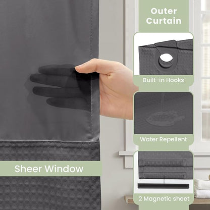 Inhousolu No Hook Shower Curtain with Snap in Fabric Liner Set Waffle Weave 230GSM Weighted Hem, Waterproof & Washable Bathroom Curtain Spa Luxury with Mesh Top Window 72" W x 72" L Graphite Grey