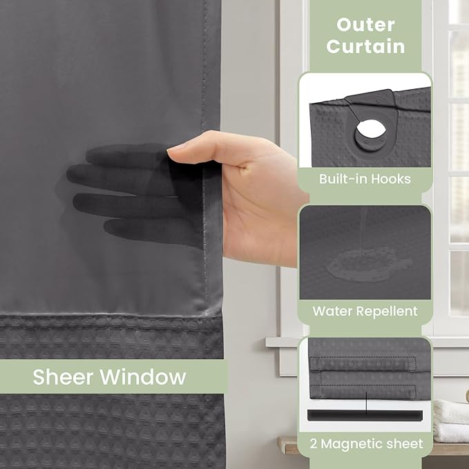 Inhousolu Long No Hook Shower Curtain with Snap in Fabric Liner Set Waffle Weave 230GSM Weighted Hem, Waterproof & Washable Bathroom Curtain Spa Luxury with Mesh Top Window 72"W x 78"L Graphite Grey