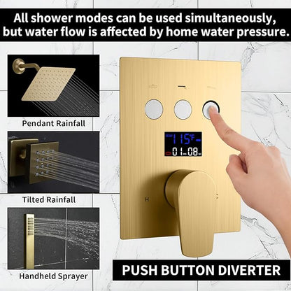 Bathroom Rainfall Shower System Wall Mount 8 Inch Shower Head With Handled Spray 6 Pcs jets Temperature Display Shower Faucet Set (Brushed Gold)