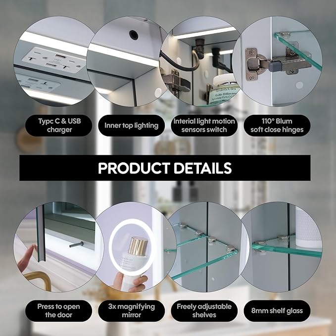 WELLFOR 30 x 32 Inch LED Medicine Cabinet with Lights, 3X Magnification Makeup Mirror, Bathroom Vanity Mirror Cabinet with Storage, Anti Fog, Surface or Recess Mount, Double Opening Door