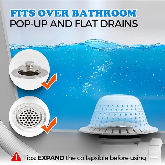 zaa Bathtub Drain Hair Catcher, Silicone Collapsible 3 Pack Drain Protector for Pop-Up and Regular Drains of Shower, Bathtub, Tub, Bathroom, Sink, Green Grey Blue