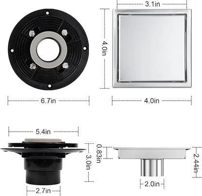 4 Inch Square Shower Floor Drain, Shower Drain Kit with Flange and 2 in 1 Tile-Insert Cover, Square Shower Drain, SUS 304 Stainless Steel Floor Drain,Silver