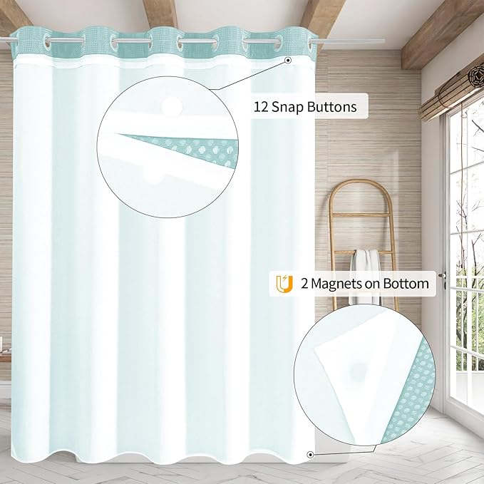 MitoVilla Teal Long Shower Curtain Liner Set 72 x 80, No Hooks Needed 80 inch Long Heavyweight Waffle Fabric Shower Curtain Set with Snap-in Liner for Aqua Hotel Grade Spa-Like Bathroom Decor