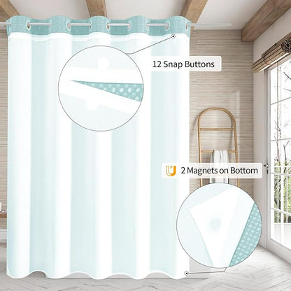 MitoVilla Teal Long Shower Curtain Liner Set 72 x 80, No Hooks Needed 80 inch Long Heavyweight Waffle Fabric Shower Curtain Set with Snap-in Liner for Aqua Hotel Grade Spa-Like Bathroom Decor