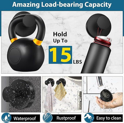 Suction Cup Hooks for Shower, 4 PCS No-Drill Towel Holder for Bathrooms Wall, Glass Door, Mirror, Tiles, Kitchen, Hold Robe & Wreath, Hanging up to 15 lbs – Waterproof & Rustproof, Matte-Black