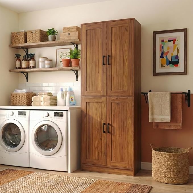 71" Tall Kitchen Pantry Cabinet, Freestanding Food Storage Organizer with Doors & Adjustable Shelves, Large Utility Hutch Cupboard for Dining Room, Living Room, Bathroom & Home Office, Brown