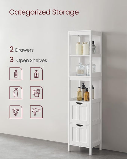 VASAGLE Storage Cabinet, Storage Organizer Rack Stand for Bathroom, Living Room, Bedroom, Multifunctional Corner Unit, 2 Drawers, 55.7 Inches in Height, White UBBC66WT