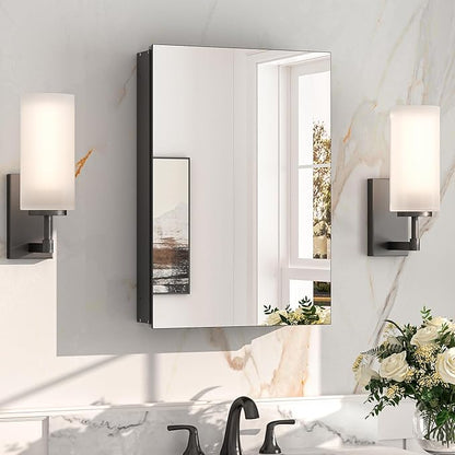 Keonjinn Black Medicine Cabinet for Bathroom with Mirror 16 x 24 Inch, Assembly Required, Lightweight, Tempered Glass, Free Adjustable Shelves, Recessed or Wall Mount, Bathroom Mirrors with Storage