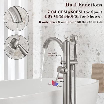 Freestanding Tub Faucets, Classic Freestanding Bathtub Faucet with Retro Handheld Sprayer High Flow Max 7.04GPM Floor Mount Tub Filler Swivel Spout Bath Tub faucet Brushed Nickel (WT-9002BN)