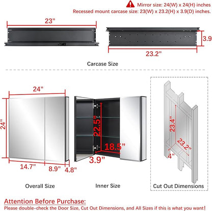 Fundin Black Aluminum Medicine Cabinet 24 x 24 Inch Recessed or Surface Mount, with Double Door and Adjustable Shelves.