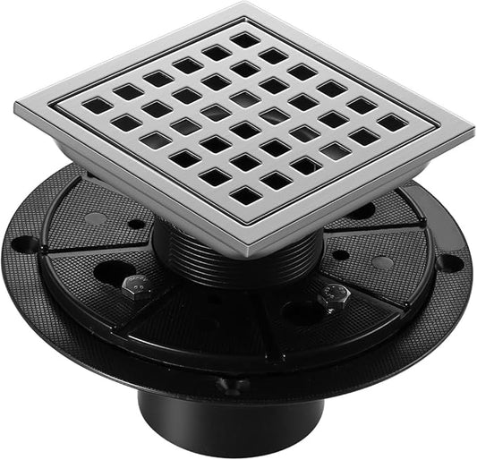 Shower Drain, Chrome 4 inch Square Shower Floor Drain with Flange, Silver Removeable Grid Panel SUS 304 Stainless Steel Square Shower Drain