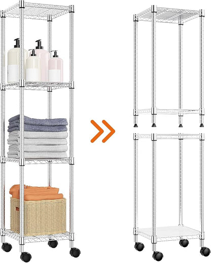 Storage Shelves Adjustable, 4 Tier Shelving Units for Storage with Wheels, Corrosion Resistant Wire Shelving Unit for Kitchen Closet Bathroom Office, Chrome 11.8" D x 11.8" W x 48.1" H