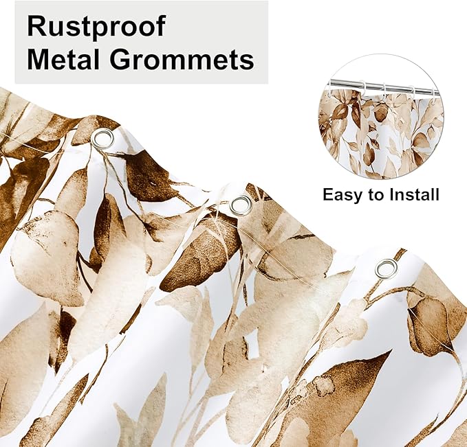 Colorful Star Brown Eucalyptus Waterproof Shower Curtain Set with Hooks, Minimalist Watercolor Floral Print Bathroom Décor, Plant Leaves Washable Fabric Shower Curtain, 72 x 72 Inch