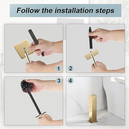 Gold Toilet Brush with Holder 304 Stainless Steel Toilet Bowl Brush, Square Bathroom Cleaner Brush