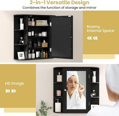 RELAX4LIFE Bathroom Wall Cabinet with Mirror - Medicine Cabinet w/Door, 6 Open Shelves & Adjustable Shelves, Over The Toilet Storage Cabinet Organizer, Mirrored Bathroom Cabinet Wall Mount (Black)