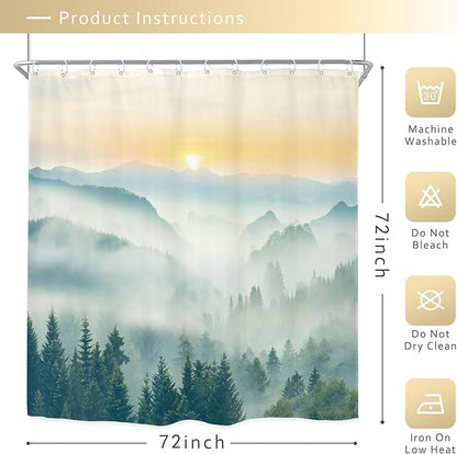 Riyidecor Mountain Shower Curtain 72Wx72H Inch Green Sunrise Sunset Scenery Landscape Tree Nature Pine Scenic Woodland Greenery View Bathroom Decor Fabric Polyester Waterproof 12 Pack Hooks