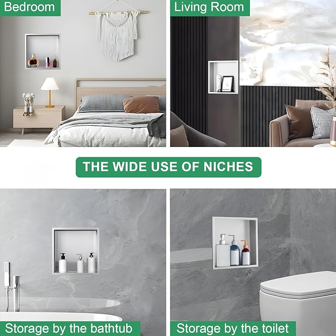 SaniteModar Shower Niche, Stainless Steel Shower Niche 12" X 12" No Tile Needed, Recessed for Bathroom Storage, Brushed Silver (Brushed Silver, 12x12)