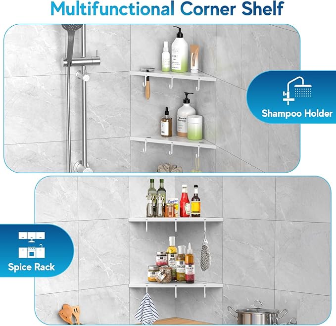 Corner Shower Shelves, 10" White 304 Stainless Steel Recessed Shelf for Bathroom，Grout in Shelf with Hooks for Tiled Wall 2 Pack (White)