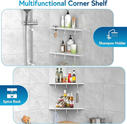 Corner Shower Shelves, 10" White 304 Stainless Steel Recessed Shelf for Bathroom，Grout in Shelf with Hooks for Tiled Wall 2 Pack (White)