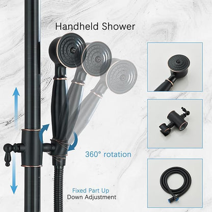 Rain Shower System Oil Rubbed Bronze Outdoor Shower Faucet Set with 8 Inch Rainfall Shower Head Handheld Spray 2 Cross Handles Wall Mounted Bathroom Shower Fixtures Solid Brass