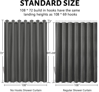 Furlinic No Hook Extra Wide Shower Curtain,Polyester Fabric Shower Curtain Liner with 14 Plastic Split Grommets,Hotel Style Machine Washable & Waterproof Curtains for Bathroom,Dark Grey 108x72 Inch