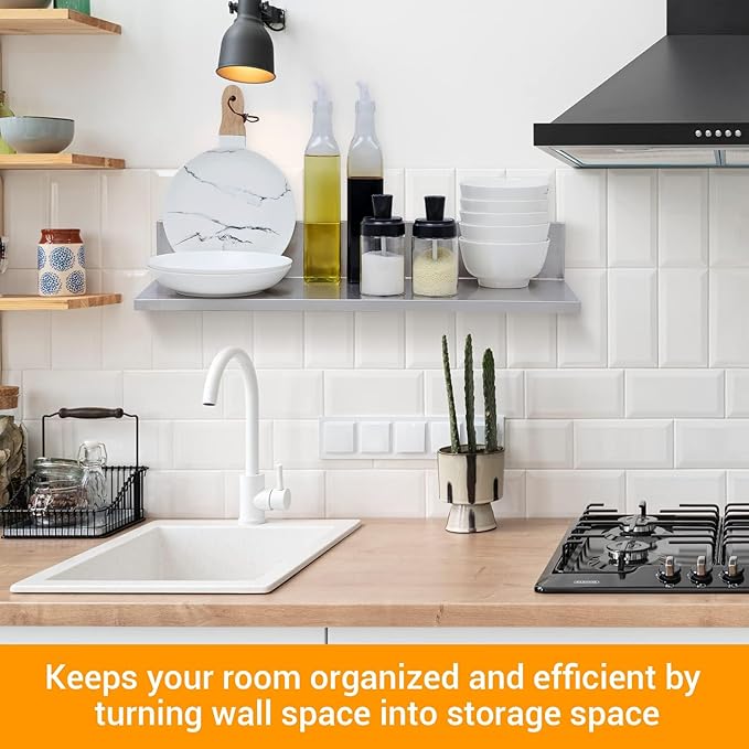 Stainless Steel Wall Shelf 8.6"x24" 60LB, 2 Packs L-Shaped Commercial Wall Mount Floating Shelving for Kitchen, Restaurant, Home