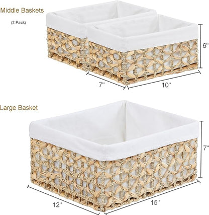Vagusicc Wicker Basket, Set of 3 Hand-woven Water Hyacinth Storage Baskets for Organizing, Large Wicker Storage Basket Bins with Handles, Small Toilet Paper Storage Baskets for Shelves & Decor