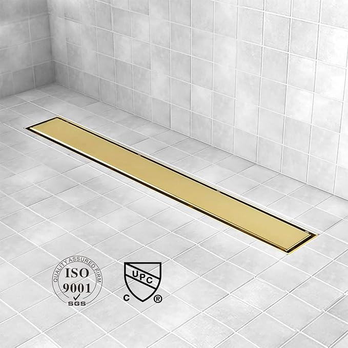 Linear Shower Drain, 48 inch Gold Drain with Tile Insert 2-in-1 Panel, Brushed 304 Stainless Steel Gold Shower Floor Drain, Linear Drain with Hair Strainer and Adjustable Feet