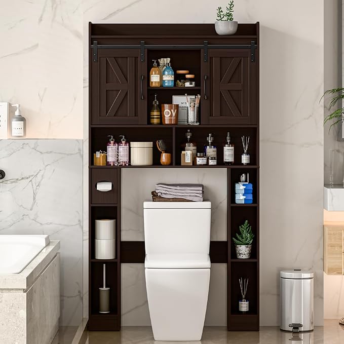 Over The Toilet Storage Cabinet, Farmhouse Toilet Cabinet Rack with Barn Doors, Space Saving Bathroom Organizer with Shelves, Toilet Paper Holder and Towel Rack for Bathroom,Restroom,Laundry,Walnut