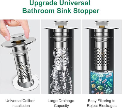 Bathroom Sink Drain Strainer,Universal Pop-Up Sink Stopper Hair Catcher, Anti-Clog Stainless Steel Drain Filter Basket, Removable Sink Drain for Bathroom Sink Stopper Replacement