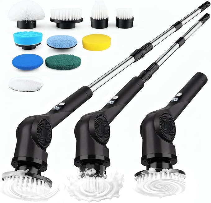 Electric Spin Scrubber, 3-Speed Cordless Shower Scrubber with 90° Adjustable & 10 Replaceable Brush Heads, 90 Mins Runtime & Full-Body IPX7 Waterproof Shower Cleaner Brush with Long Handle