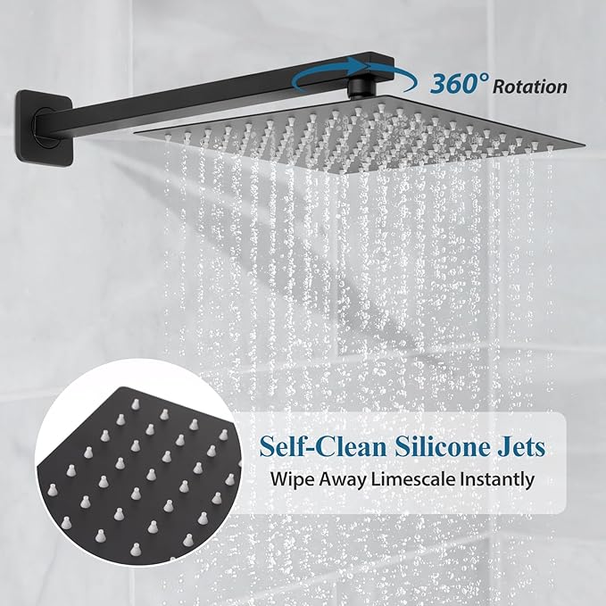 12 inch Square Shower Head and Handheld Set, Gasecoet Shower System with Tub Spout Wall Mounted Shower Faucet for Bathroom - Matte Black (With Shower Valve)