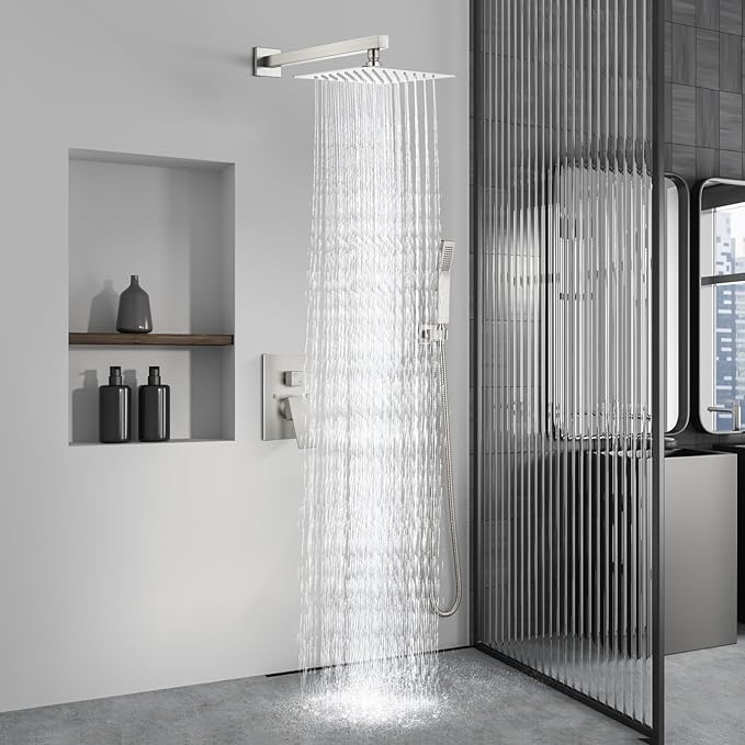 Aolemi Shower Faucet Set Rain Shower System with Handheld Spray Bathroom Shower Combo Rough-in Valve and Shower Trim Kit Included Brushed Nickel 8 Inch Wall Mount Shower Head
