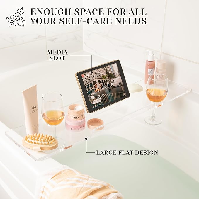 32" Supreme Plus- Luxury Bathtub Caddy - 3/8" Thick, Clear Bath Tub Tray Table for 1 or 2 Bathers, Acrylic Bath Tray Bathtub Caddy- Book, iPad and 2 Wine Glass Holders (32")