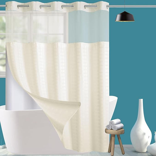 Conbo Mio No Hook Shower Curtain with Snap in Liner Set, Hotel Luxury Beige Shower Curtains for Bathroom with See Through Top Window, Waterproof, Washable 71W x 74H