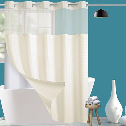 Conbo Mio Extra Long No Hook Shower Curtain with Snap in Liner Set, Hotel Luxury Beige Shower Curtains for Bathroom with See Through Top Window, Waterproof, Washable 71W x 84H