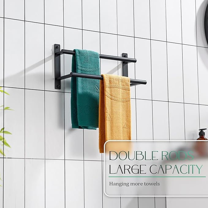 KOKOSIRI 16 Inch Double Towel Bar Bath Towel Racks Bathroom Towel Holder Towel Storage Towel Shelf Wall Mounted Stainless Steel Matte Black B5010BK-L16