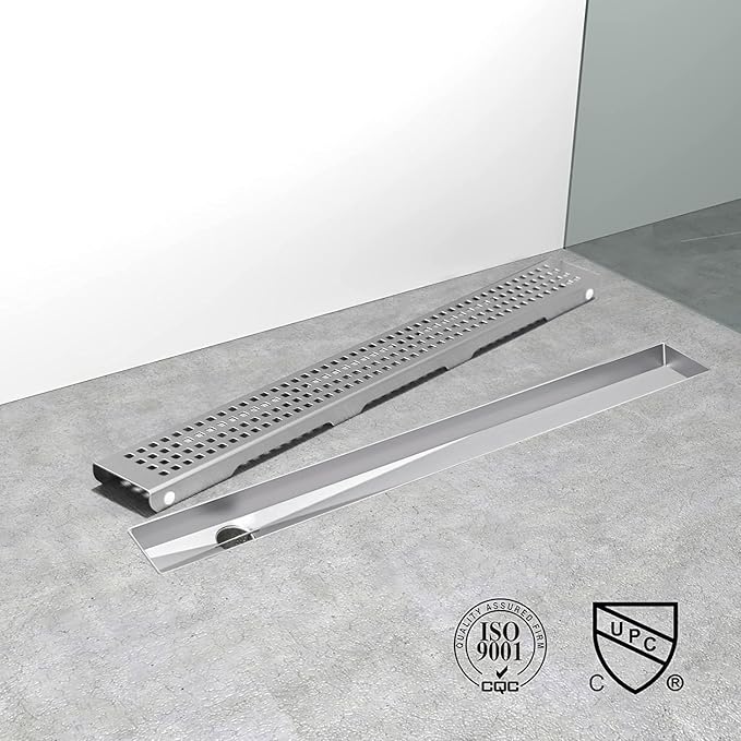 Offset Linear Shower Drain, Shower Drain 32 inch with Removable Grate Cover, Professional AISI 304 Stainless Steel Side Outlet Shower Floor Drain with Hair Catcher and Leveling Feet