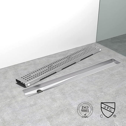 Offset Linear Shower Drain, Shower Drain 48 inch with Removable Grate Cover, Professional AISI 304 Stainless Steel Side Outlet Shower Floor Drain with Hair Catcher and Leveling Feet