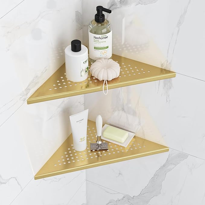 Neodrain 10 Inch Golden Bathroom Corner Shelf Set of 2, Floating Corner Shelves for Wall, 304 Stainless Steel Wall Storage Shelves for Bathroom,No Drilling