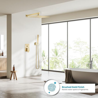 gotonovo Rainfall Bathroom Shower System Rain Shower Head and Handle Set Wall Mounted Shower Complete Combo Solid Brass Pressure Balancing Shower Mixer Valve 16 Inch Brushed Gold